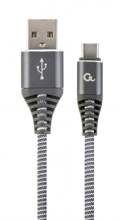 Imagine Cablu USB 2.0 la USB-C Premium Alb/Gri brodat 1m, Gembird CC-USB2B-AMCM-1M-WB2